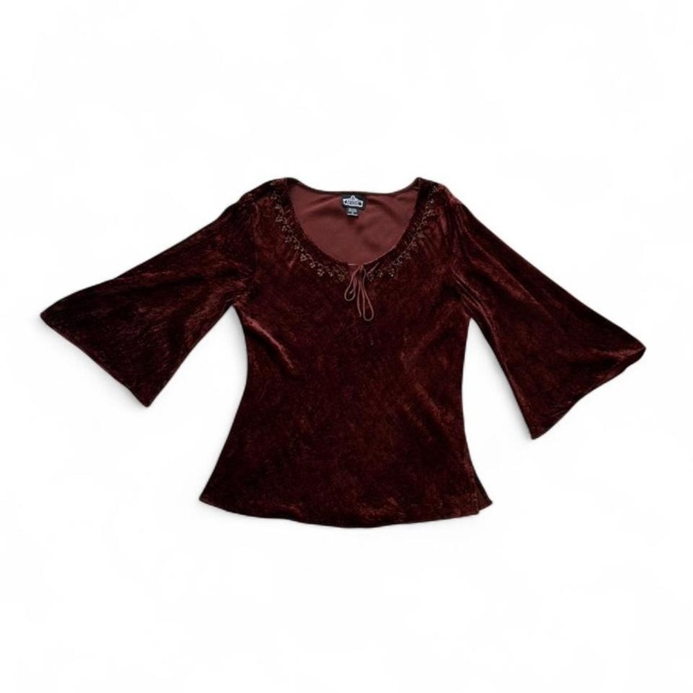 Angie Crushed Velvet Beaded Bell Sleeve Tie Blouse Brown L Y2K Bohemian Fairy